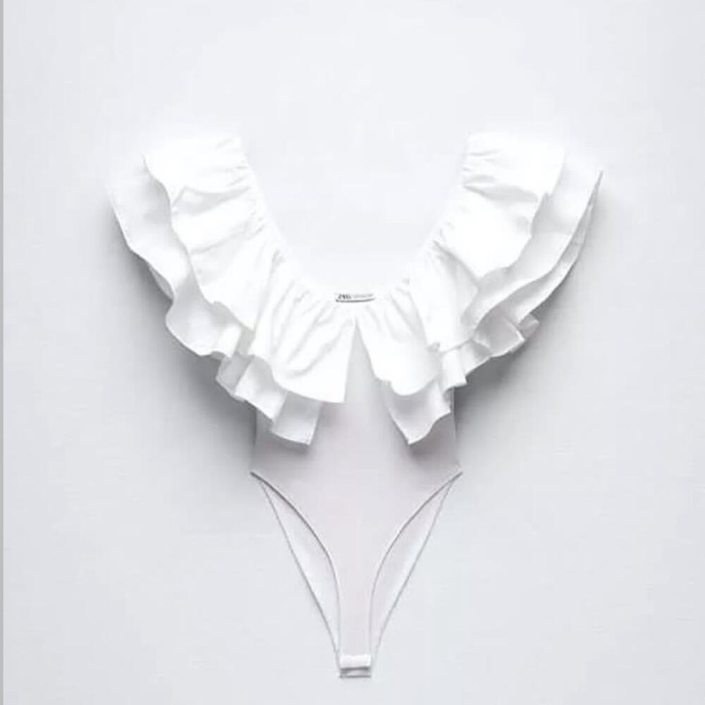 Zara White Oversize Ruffled Ribbed Bodysuit - Picture 6 of 8